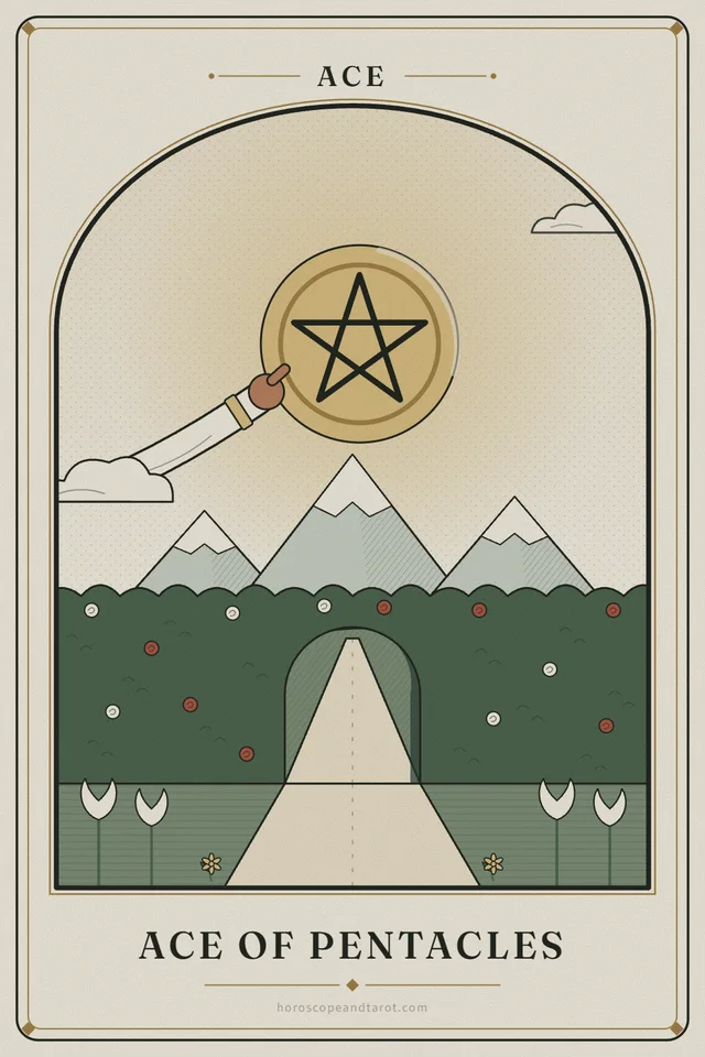 A hand reaching out of a cloud holds a large golden pentacle in the sky above a flowering garden hedge; a path runs through an arch in the hedge toward distant mountains, white lilies in the foreground.