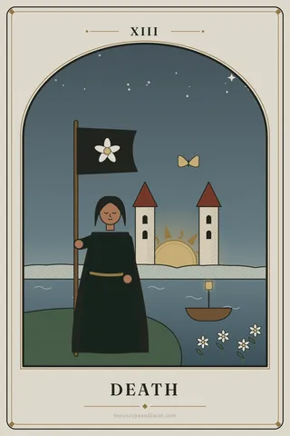 A calm hooded figure in a dark cloak holds a black banner bearing a white rose beside a river at dawn; a small boat waits on the water, the sun rises between two distant towers, and a butterfly flies past.