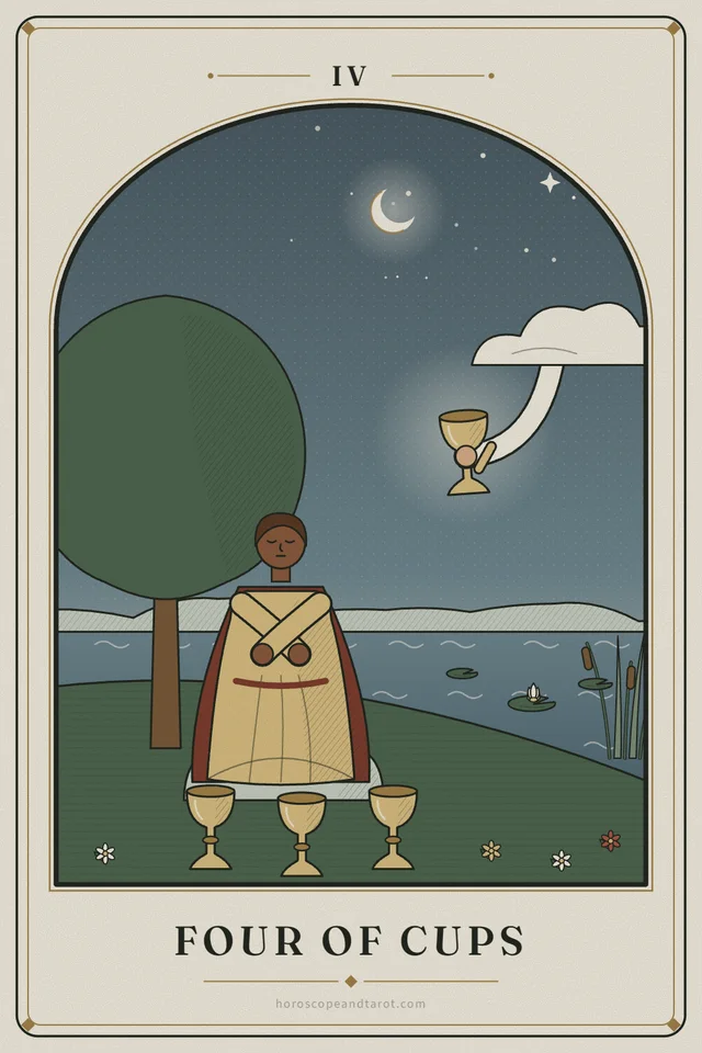 A figure sits on a rock under a broad tree beside a lake with arms folded and eyes closed, three golden cups standing on the grass before them, while a hand reaching from a small cloud offers a fourth cup.