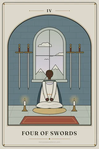 A figure sits cross-legged in meditation on a gold cushion with eyes closed, beneath a tall arched window showing a calm sky and birds, with two swords hanging point-down on each side wall and candles glowing.
