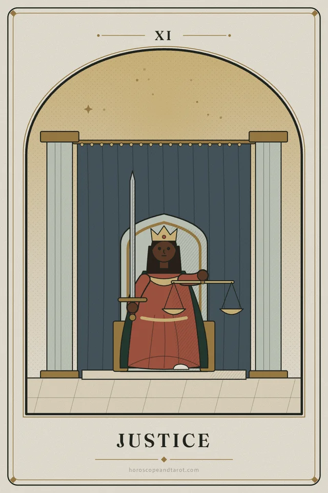 A crowned figure in a red robe and green mantle sits on a stone throne between two grey pillars before a blue veil, holding an upright sword in one hand and level golden scales in the other.