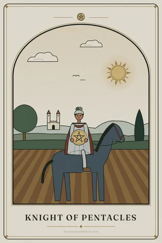 A knight in steel armour and a rust-red cloak, a leaf sprig on his helmet, sits calmly on a large dark grey horse standing still in a ploughed field, holding a golden pentacle before his chest.