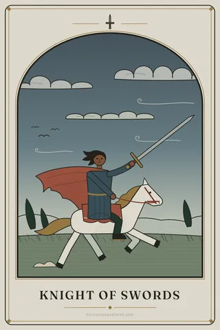 A rider in blue gallops a pale horse to the right across a windswept plain, sword raised forward, cloak, mane and tail streaming behind, clouds racing and trees bending in the wind.