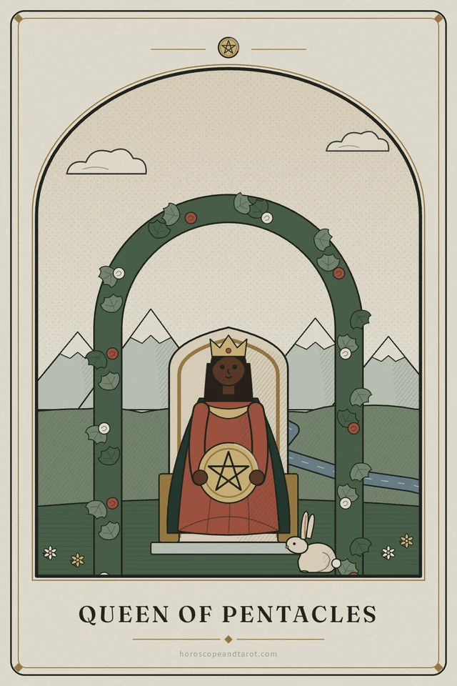 A crowned queen with long dark hair sits on a pale stone throne beneath an arch of climbing roses, cradling a golden pentacle in her lap, a rabbit at her feet and a river winding through green hills behind.