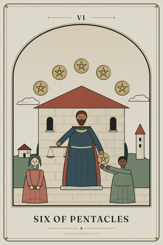 A bearded merchant stands on the step of his stone house holding balanced scales and lowering a golden pentacle into the raised hands of a kneeling person, while another kneels with a bowl; five pentacles arc above.