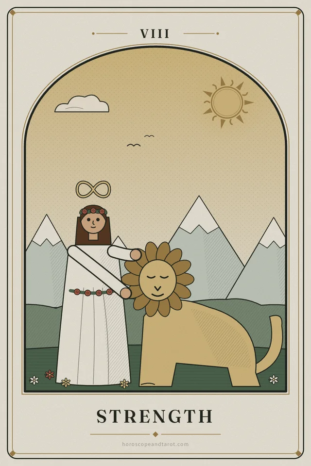 In a flowering meadow a figure in a white robe and rose wreath calmly rests one hand on a golden lion's mane and the other at its jaw, an infinity sign above their head.