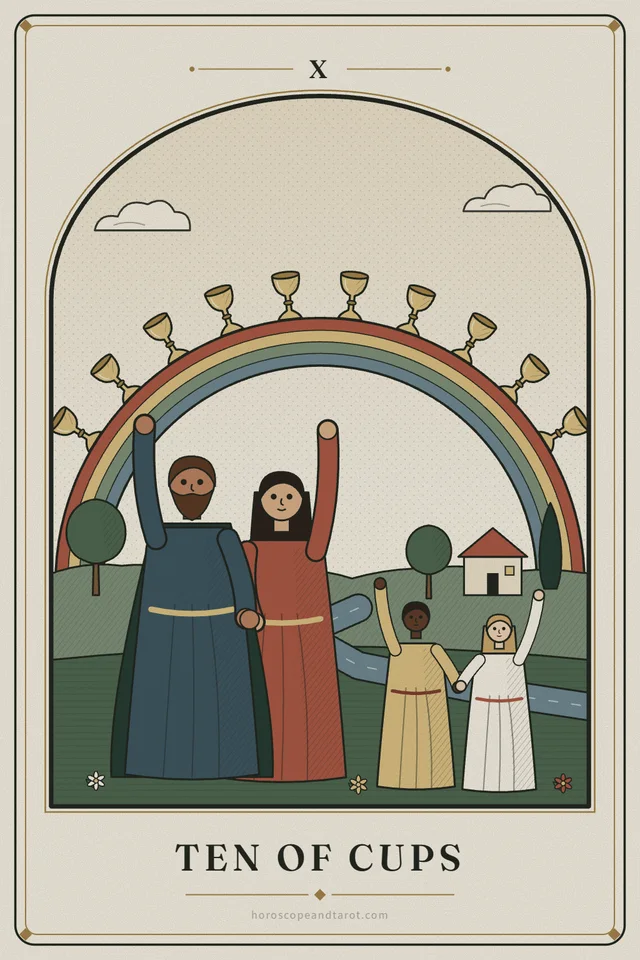 A couple stands arm in arm raising their hands toward a rainbow set with ten golden cups, while two children dance hand in hand beside them, with a winding river and their cottage on the green hills behind.