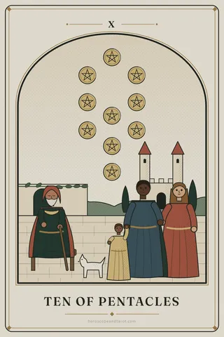 Three generations gather in a paved courtyard before a stone house: a white-bearded elder seated with a dog, a couple standing together and a child between them, with ten golden pentacles arranged above.