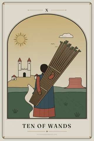Seen from behind, a traveller in a blue cape carries a heavy bundle of ten leafy wands tied with rope over one shoulder, walking up a winding road toward a hilltop town under a low golden sun.