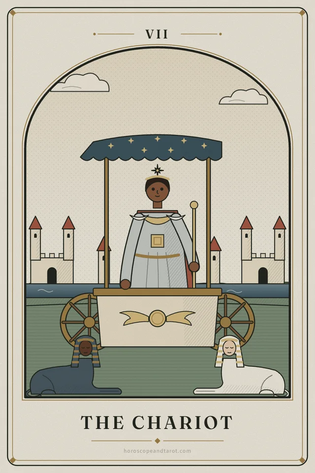 An armoured charioteer crowned with a star stands in a stone chariot beneath a blue canopy of stars, holding a sceptre; a dark sphinx and a pale sphinx lie in front of the wheels, a walled city beyond the river.