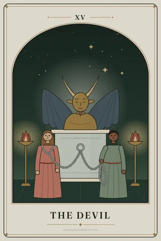 A serene horned bronze statue with folded stone wings stands on a pedestal between two braziers; two people stand below joined to its ring by long, slack chains, one wearing a loose loop, the other holding the loop lifted free.
