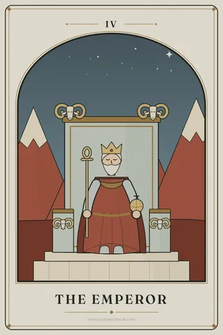 A crowned, white-bearded ruler in a red robe over armour sits on a square stone throne carved with rams' heads, holding an ankh sceptre and a golden orb, with bare red mountains behind him at dusk.