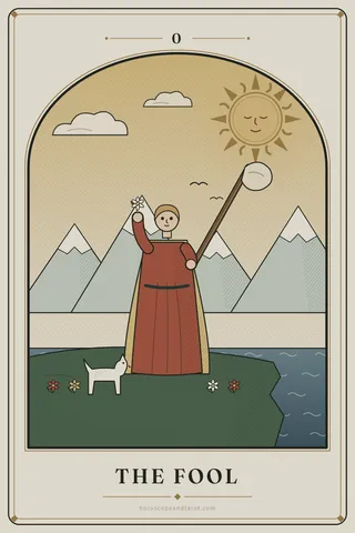 A young traveller in a terracotta tunic walks toward a cliff edge at sunrise, holding a white rose and a staff with a bundle, a small dog leaping beside them, the sea far below.
