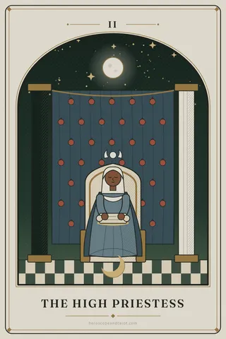 A veiled figure in pale blue sits enthroned between a dark pillar and a light pillar, holding a half-open scroll, a crescent moon at her feet and a curtain of pomegranates behind her under a starry night sky.