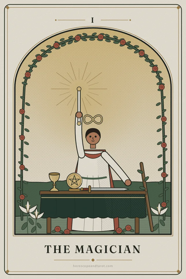 Under an arbour of red roses, a figure in a white robe and red cloak raises a white wand and points down; a cup, pentacle and sword lie on a green-clothed table, an infinity sign above.
