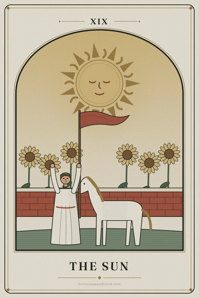 Under a great smiling sun, a child wearing a leafy wreath raises both arms beside a pale horse, a red banner flying, with tall sunflowers leaning over a brick garden wall.
