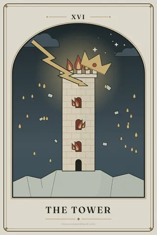 A bolt of lightning from a dark storm cloud strikes a tall stone tower on a rocky crag, knocking its golden crown-shaped roof askew; flames leap from the windows and loose stones and golden sparks fall through the night.