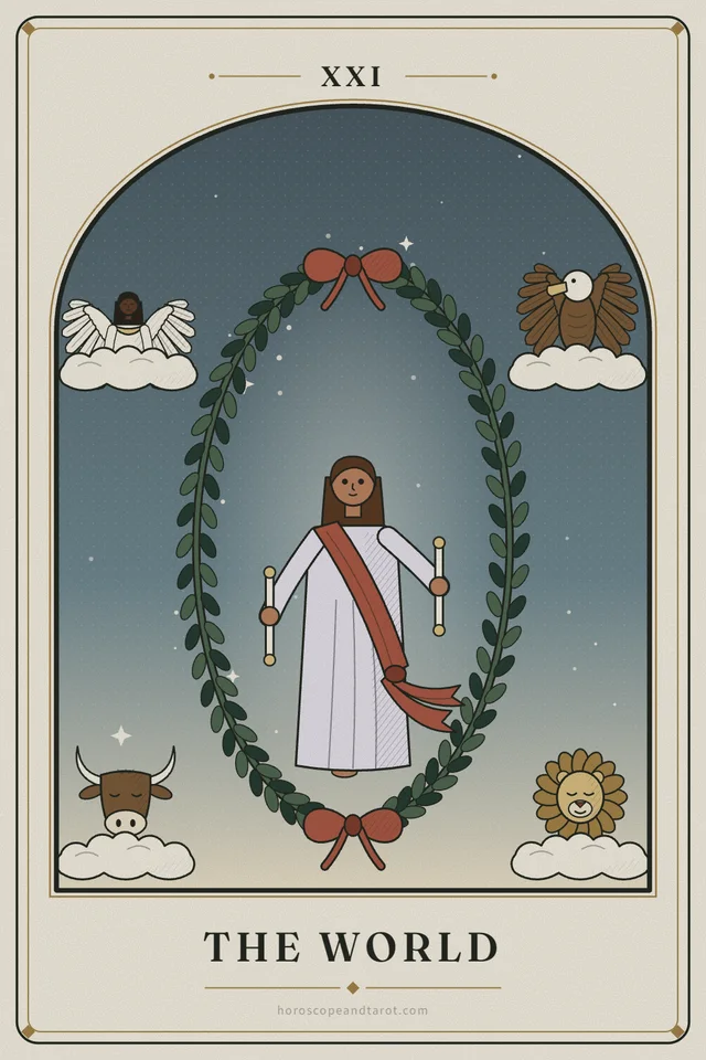 A dancer in a red sash, holding a small wand in each hand, steps lightly inside a tall oval laurel wreath tied with red ribbons, with an angel, eagle, bull and lion on clouds in the corners.