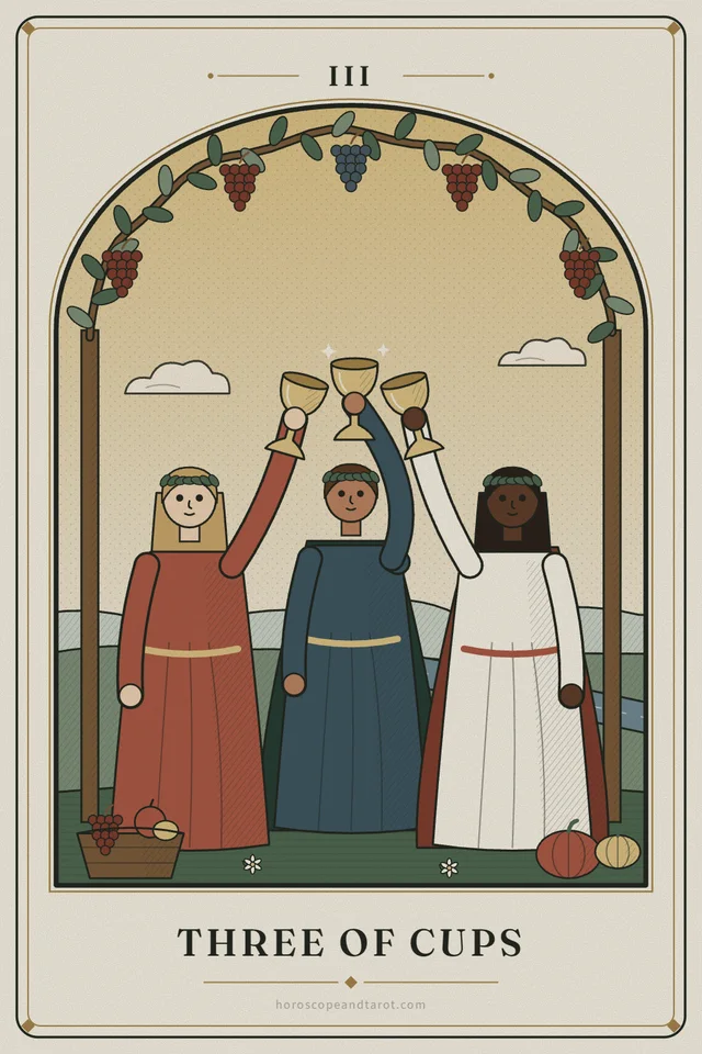 Three friends in wreaths stand together on a riverbank at golden hour and raise three golden cups so they meet overhead, beneath an arbor hung with grapes, with a basket of fruit and pumpkins at their feet.