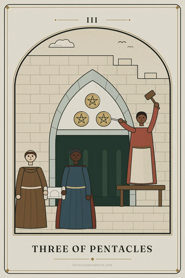 In an unfinished stone church wall, a mason in an apron stands on a wooden bench chiselling the third of three golden pentacles into a pointed doorway, while a hooded monk and a patron hold the plan between them.