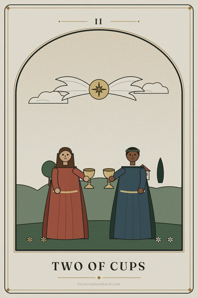 Two people face each other in a green meadow and raise golden cups toward one another beneath a winged brass emblem, with a cottage on a hill behind them.