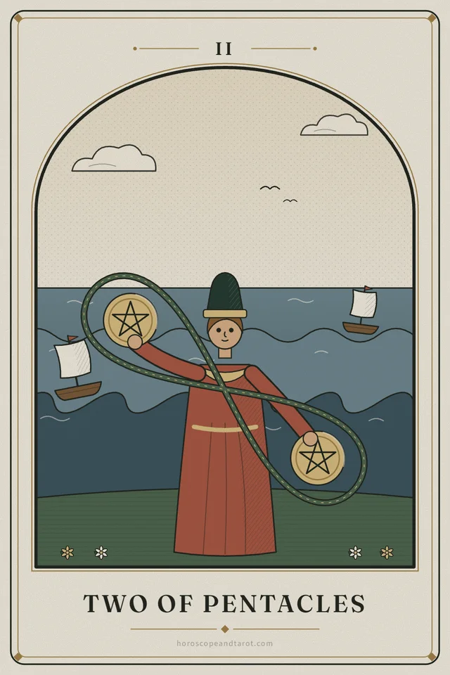 A young person in a tall red hat dances on a grassy shore, one golden pentacle held high and one low, both circled by a green figure-eight ribbon, while two sailing ships rise and fall on the waves behind.