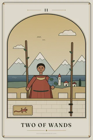 A figure in a terracotta robe stands at a castle battlement holding a budding wand in one hand and a small globe in the other, a second wand fastened to the wall, overlooking a coast, a town and mountains.